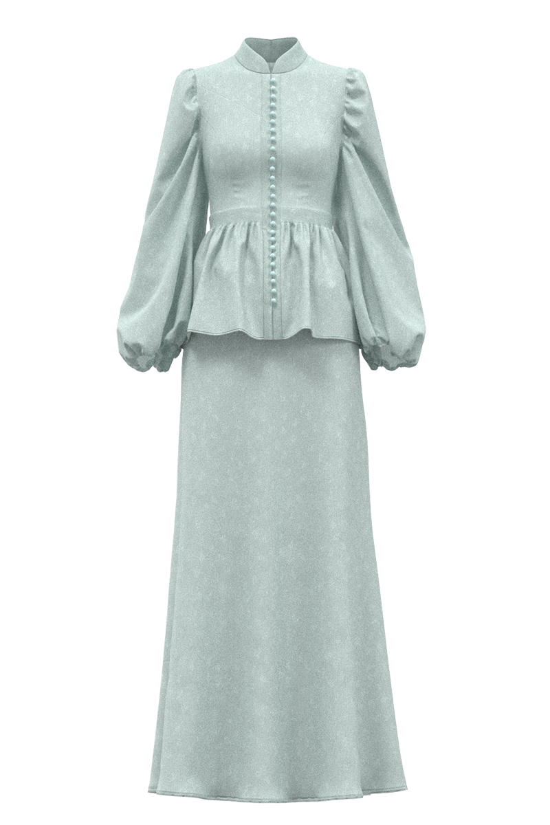 The Zora Opal is our classic statement piece made with premium selection of materials in self-covered button-down delight, leading to a high-waist panel, while the neckline is accented with a mandarin collar.