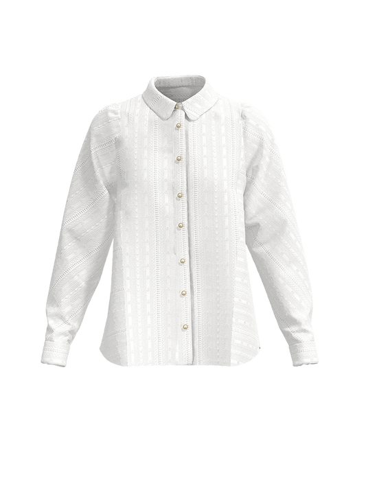 The Anya Blouse is an understated and timeless piece, rendered in high quality Broderie Anglaise made of pure cotton.