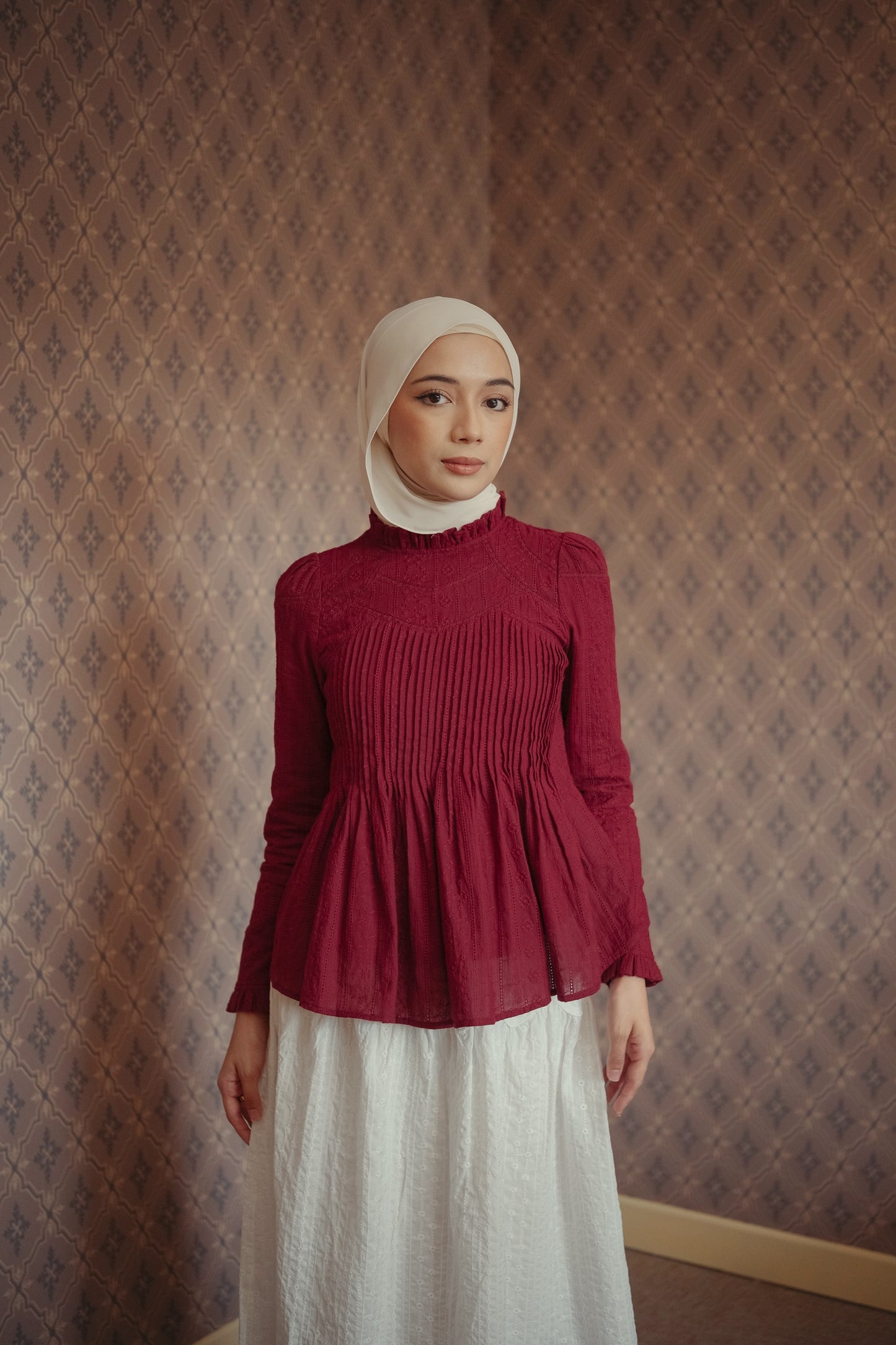 THE JANNAH TOP IN BURGUNDY BRODERIE ANGLAISE