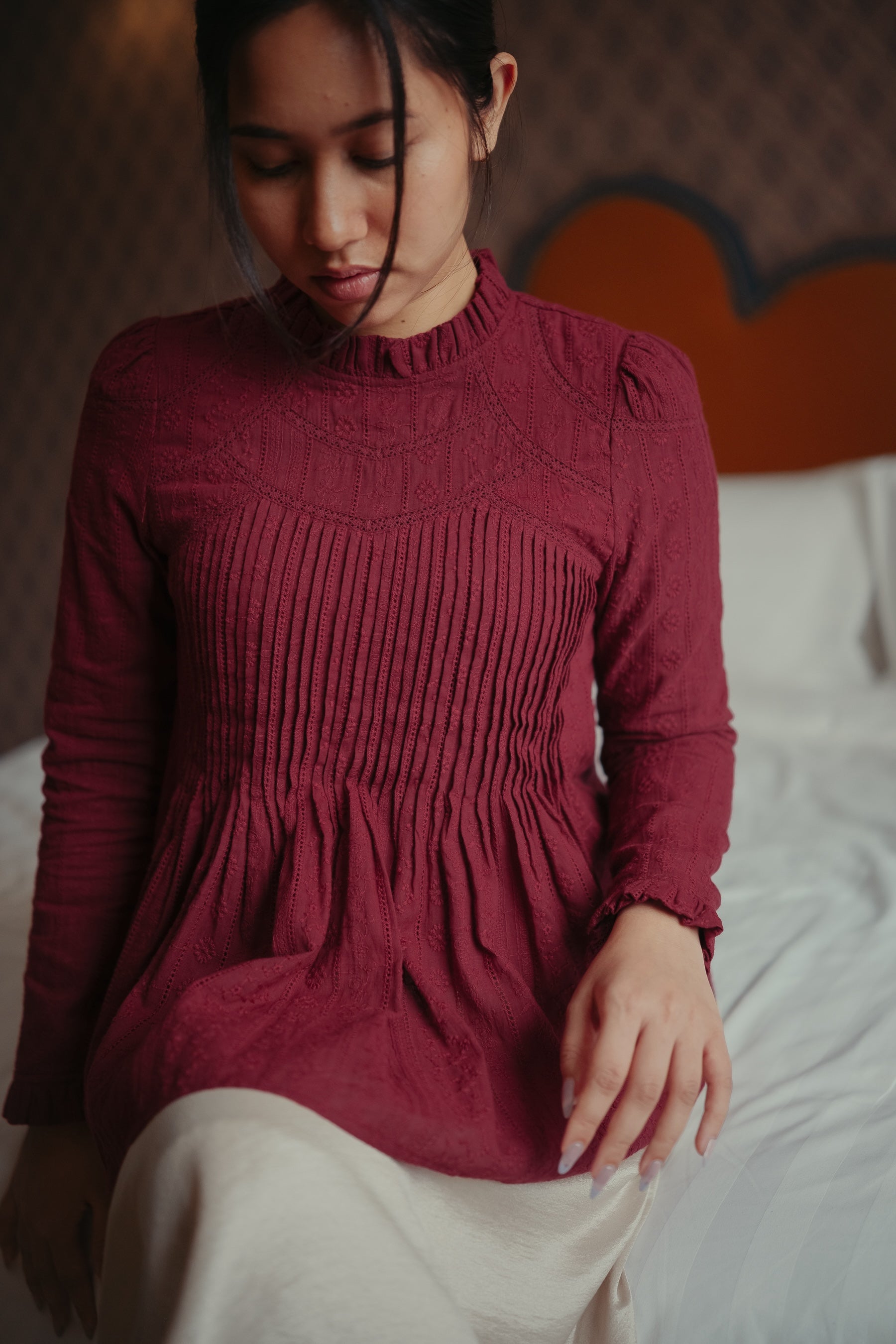 The Jannah Top In Burgundy Broderie Anglaise