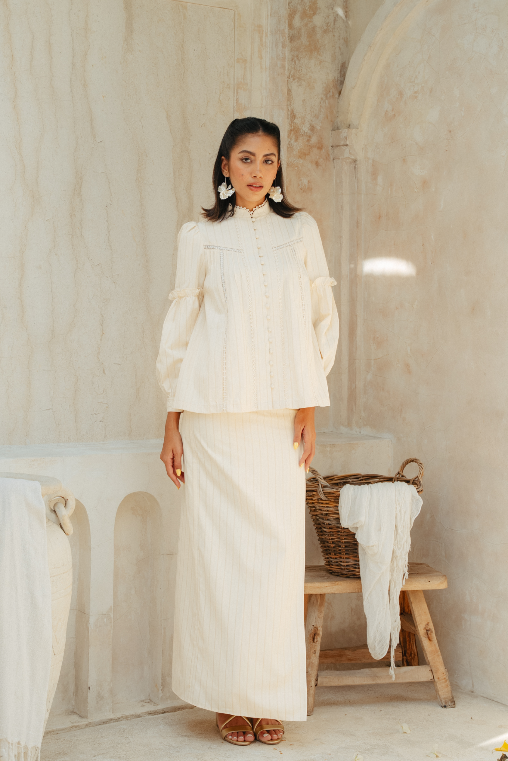 The Lorna Kurung in Alabaster Stripes